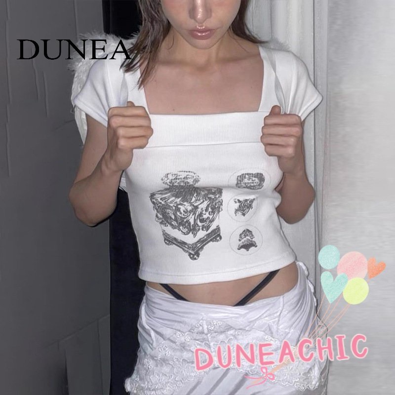 DUNEA Áo Thun Crop Top Tay Ngắn Cổ Vuông In Họa Tiết Thời Trang Cho Nữ