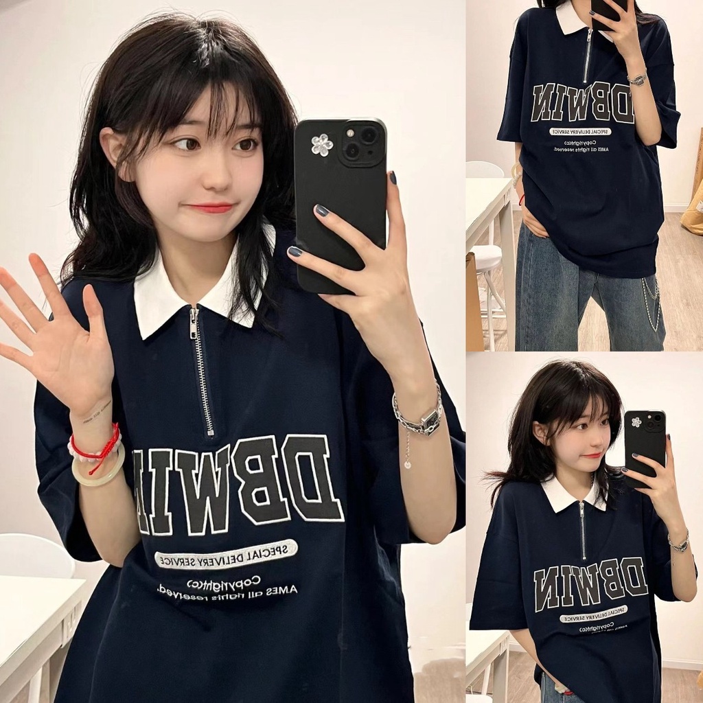 Áo polo Ngắn Tay Dáng Rộng Phối Khóa Kéo Thời Trang Mùa Hè Dành Cho Nữ