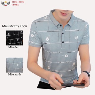 Áo thun nam, áo Polo nam thời trang Hàn Quốc họa tiết lá, cổ bẻ, vải thun mềm