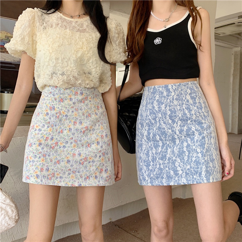 Xj-quần Váy Ngắn Eo Cao Ôm Dáng Họa Tiết Hoa Tươi Mới Mùa Hè Phong Cách Hàn Quốc Cho Nữ