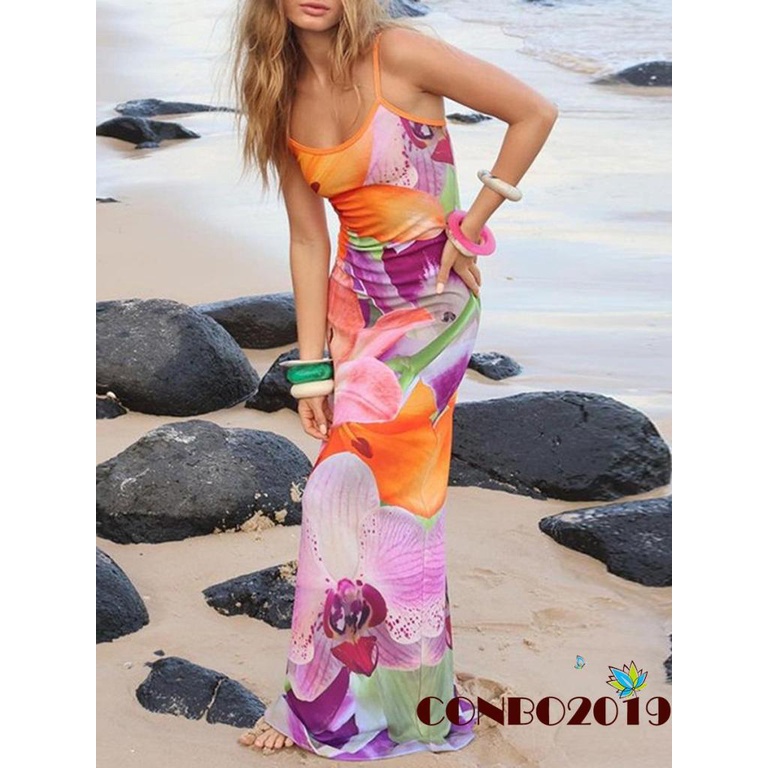 Đầm Dài Hai Dây Hở Lưng Khoét Sâu Họa Tiết Hoa Thời Trang Mùa Hè Cho Nữ