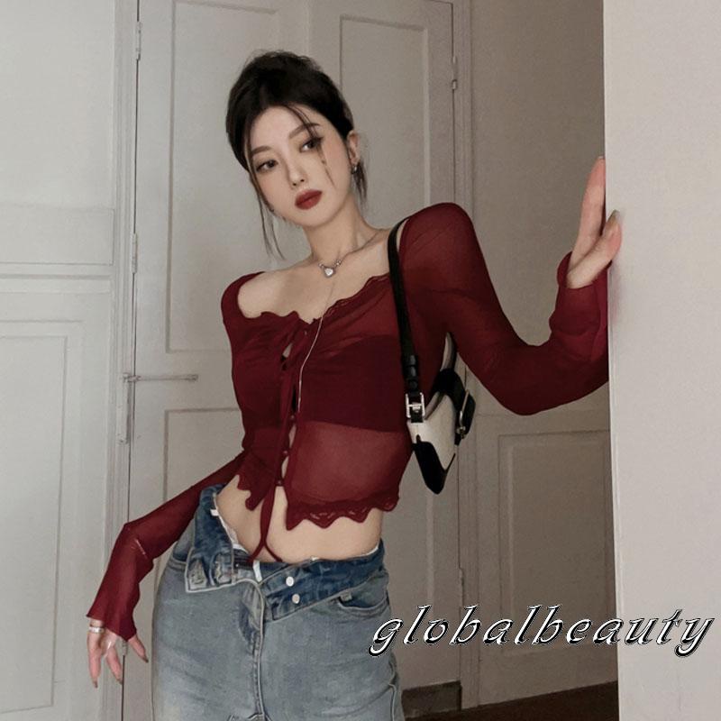 Áo Thun Crop Top Tay Dài Phối Ren Lưới Cổ Thấp Thời Trang Xuân Hè Cho Nữ