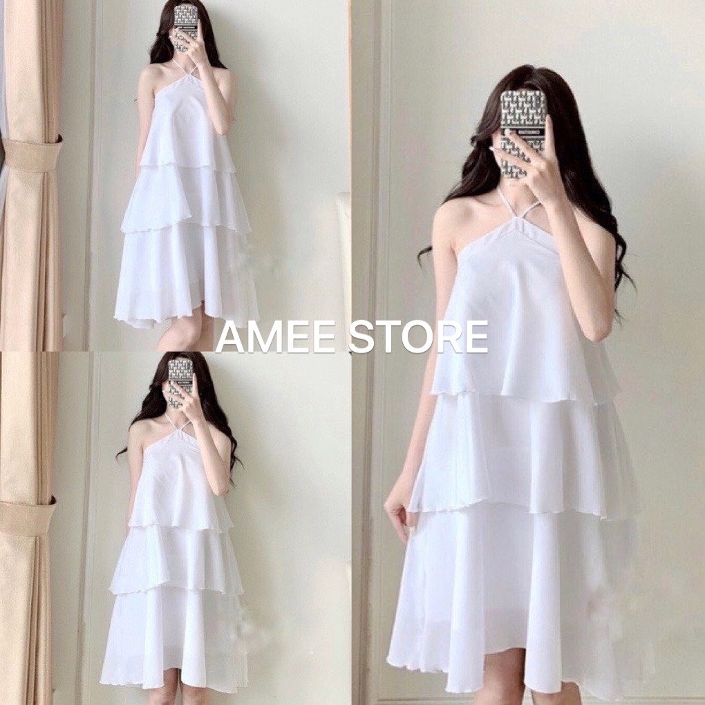 Váy 2 dây cổ yếm xòe 3 tầng chất voan lụa mềm- Đầm babydoll nữ dễ thương dự tiệc đi chơi maxi đi biển -EYE