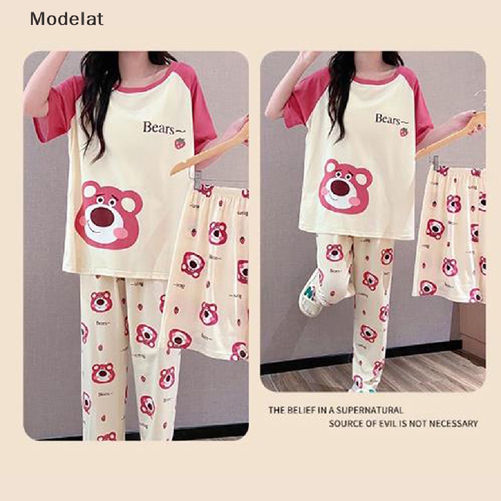 Bộ Đồ Ngủ Mặc Nhà 3 Món Tay Ngắn Dáng Rộng In Hoạt Hình Thời Trang Mùa Hè Cho Bạn Gái