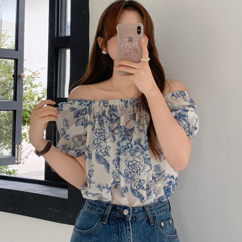 SUXI Áo Sơ Mi Trễ Vai Dáng Rộng In Họa Tiết Thời Trang Hàn Quốc Cho Nữ