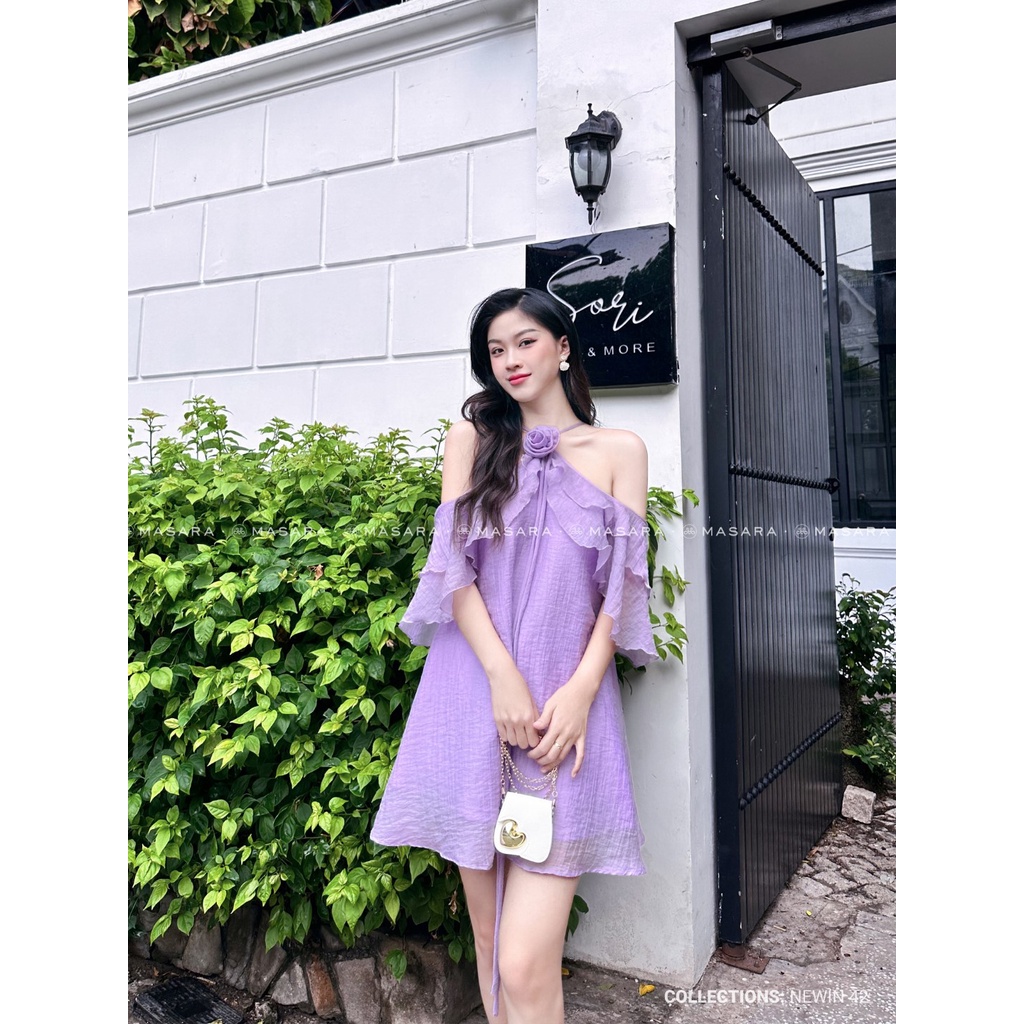 VÁY YẾM TAY BÈO TÍM + CHOCKER HOA MÀU TÍM THIẾT KẾ CỔ YẾM TAY NHÚN BÈO 2 TẦNG
