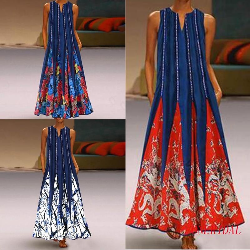 Đầm Midi Dài Không Tay Cổ Chữ V In Họa Tiết Hoa Thời Trang Mùa Hè Dành Cho Nữ