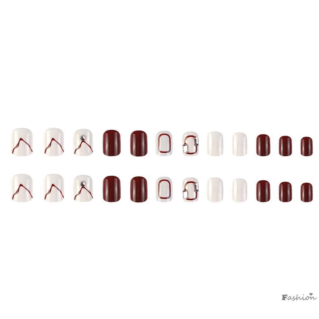 Burgundy Móng Tay Giả Ngắn Đính Đá Lấp Lánh Dễ Sử Dụng