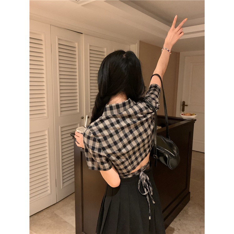 Áo Sơ Mi Nữ Cột Dây Eo Dáng Ngắn Họa Tiết Caro Thời Trang Mùa Hè Xinh Xắn