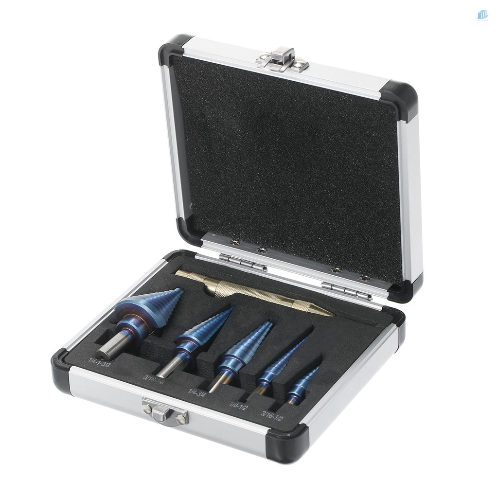 Bộ 5 Mũi Khoan Bước HSS 50 Kích Thước Có Rãnh Trung Tâm Tự Động Bằng Titan Và Hộp Nhôm Nhiều Lỗ Khoan Thẳng Cho Tấm Gỗ Nhựa Kim Loại