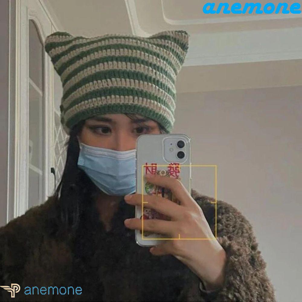 Mũ Len Giữ Ấm Tai Mèo Họa Tiết Kẻ Sọc Hợp Thời Trang Cho Nữ