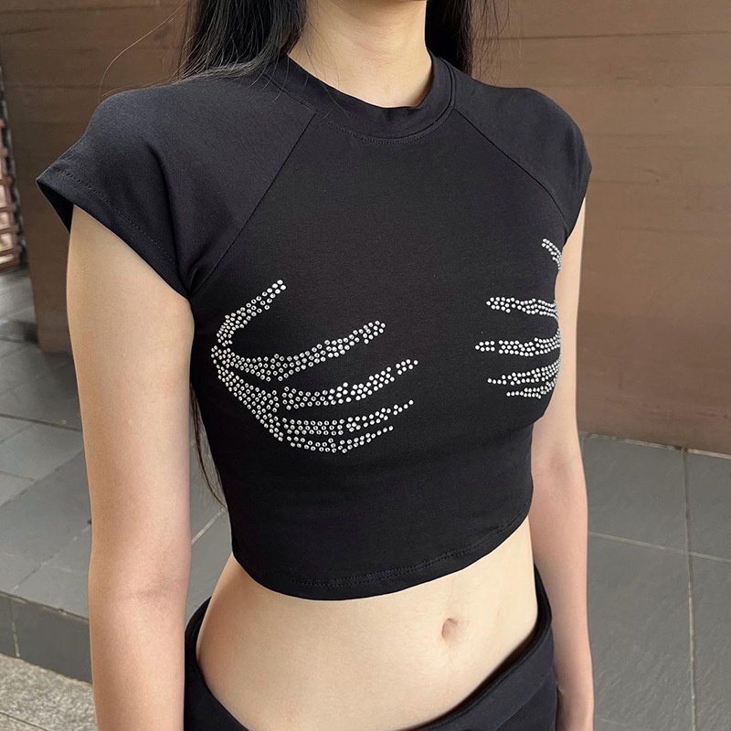 Áo Thun Tay Ngắn Hở Rốn Phong Cách Âu Mỹ Đính Kim Cương Giả Y2K Cho Nữ