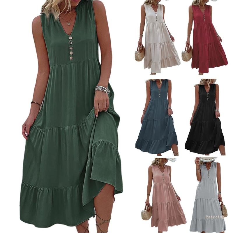 Đầm Dáng Suông Không Tay Cổ Chữ V Eo Cao Màu Trơn Thích Hợp Mặc Hàng Ngày