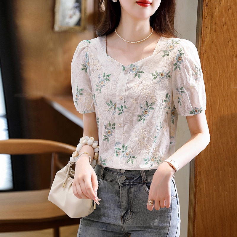 Áo Sơ Mi Tay Ngắn Phồng Thêu Hoa Phong Cách Pháp Thời Trang Mùa Hè Mới