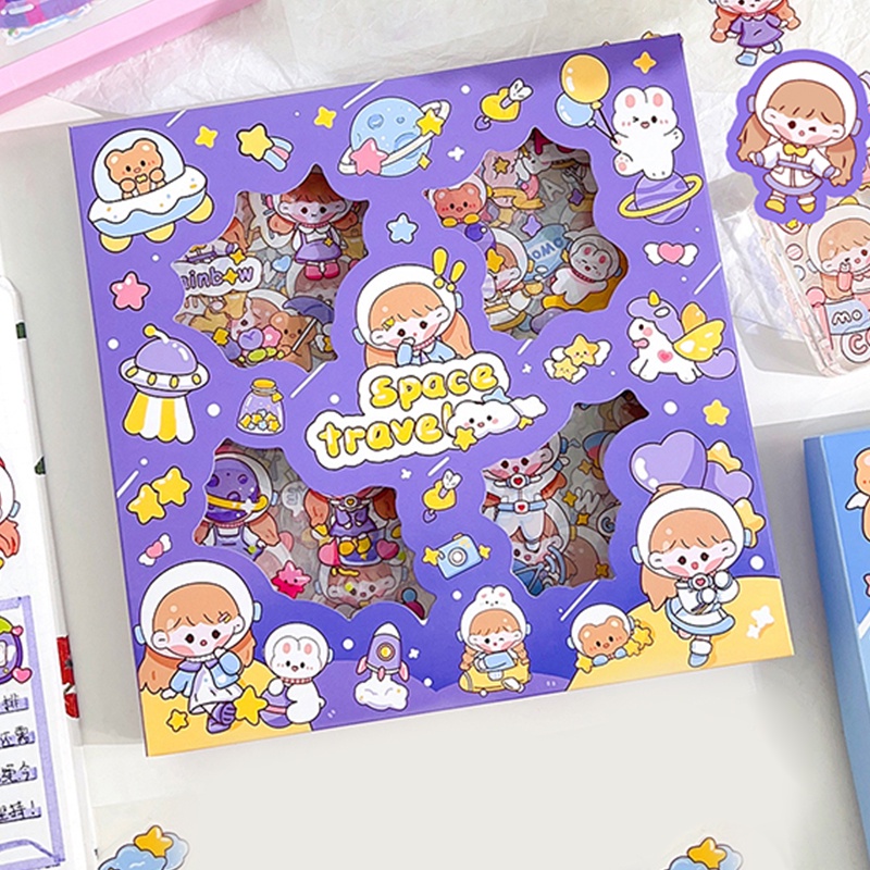 Hộp 100 Miếng Dán Hoạt Hình MOMO Jan Space Series Không Gian Chống Thấm Nước Trang Trí Sổ Tay