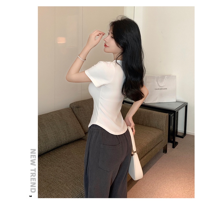 SUXI Áo Thun Tay Ngắn Cổ Vuông Màu Trơn Thời Trang Mùa Hè Cho Nữ