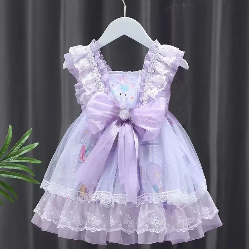 2023 mới màu hồng đầm bé gái Lolita Đầm công chúa ren trẻ em Đầm ngắn tay mùa hè