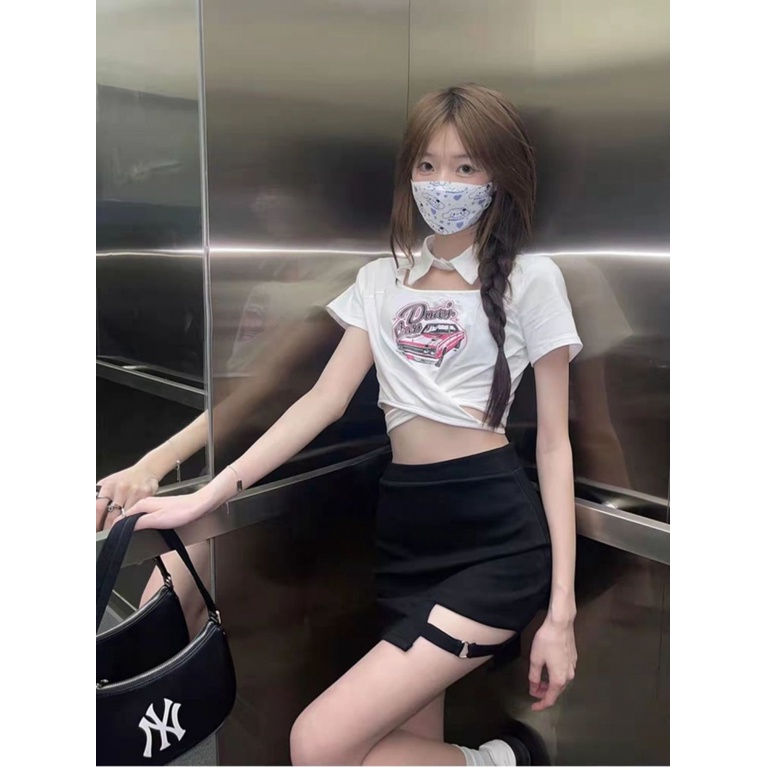 Áo baby tee Thun croptop Cotton Nguyên Chất Buộc Dây Cổ polo Dáng Ôm Tay Ngắn Thời Trang Mùa Hè Cho Nữ