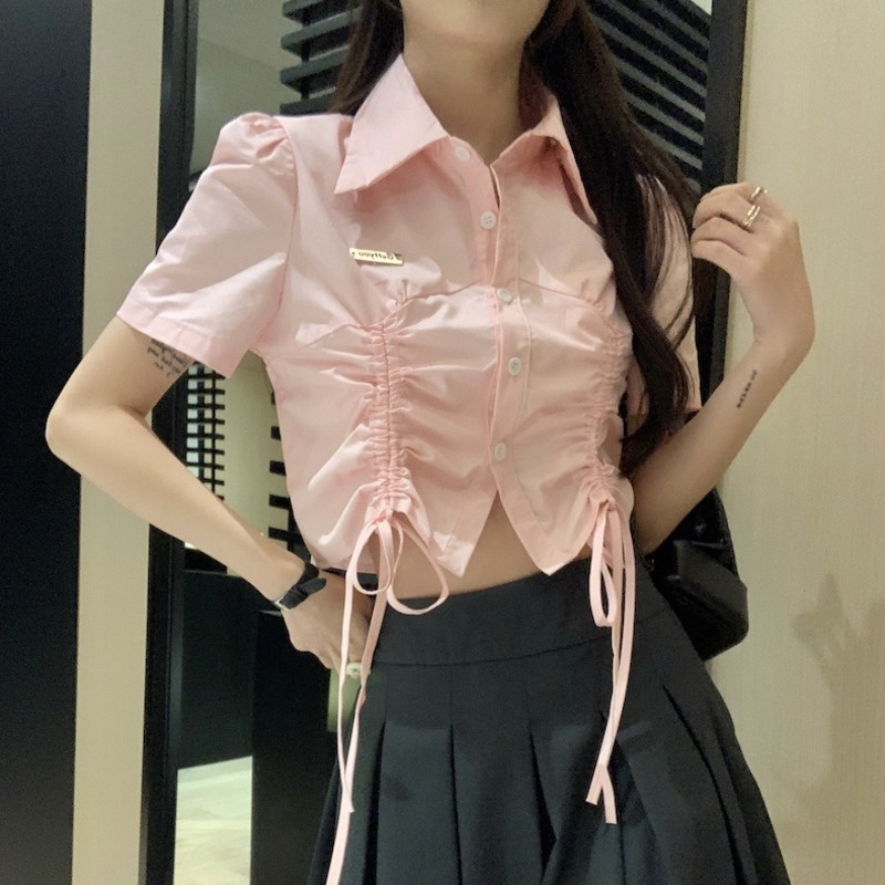 Áo Sơ Mi Tay Ngắn Phối Dây Rút Thiết Kế Đơn Giản Thời Trang Mùa Hè Năng