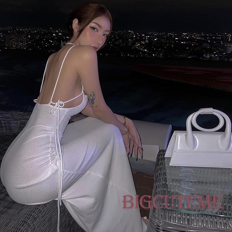 [] - Đầm Dài Ôm Dáng Không Tay Hở Lưng Buộc Dây Màu Trắng Mùa Hè Cho Nữ