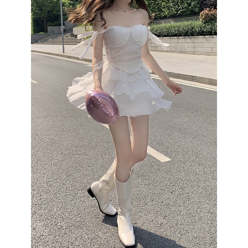 Đầm Hai Dây Xếp Tầng Màu Trắng Thời Trang Cho Nữ