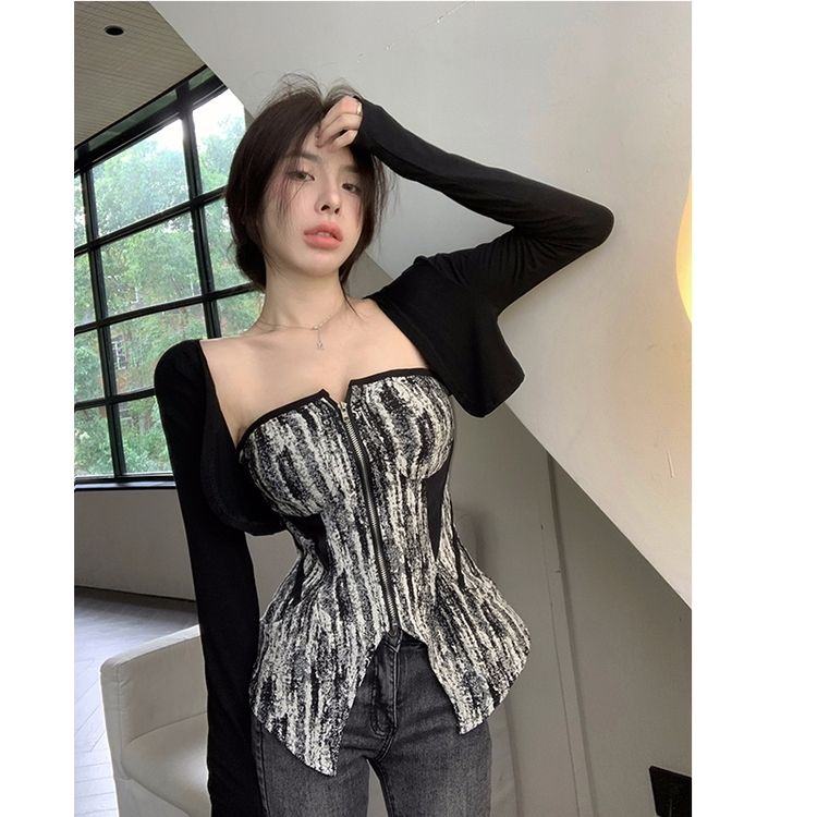 Set Áo Ống Màu Đen + Khăn Choàng Cổ Phong Cách Retro Mỹ Cho Nữ