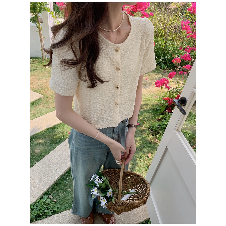 SUXI Áo Kiểu Tay Phồng Ngắn Màu Sắc Đơn Giản Phong Cách Vintage Hàn Quốc