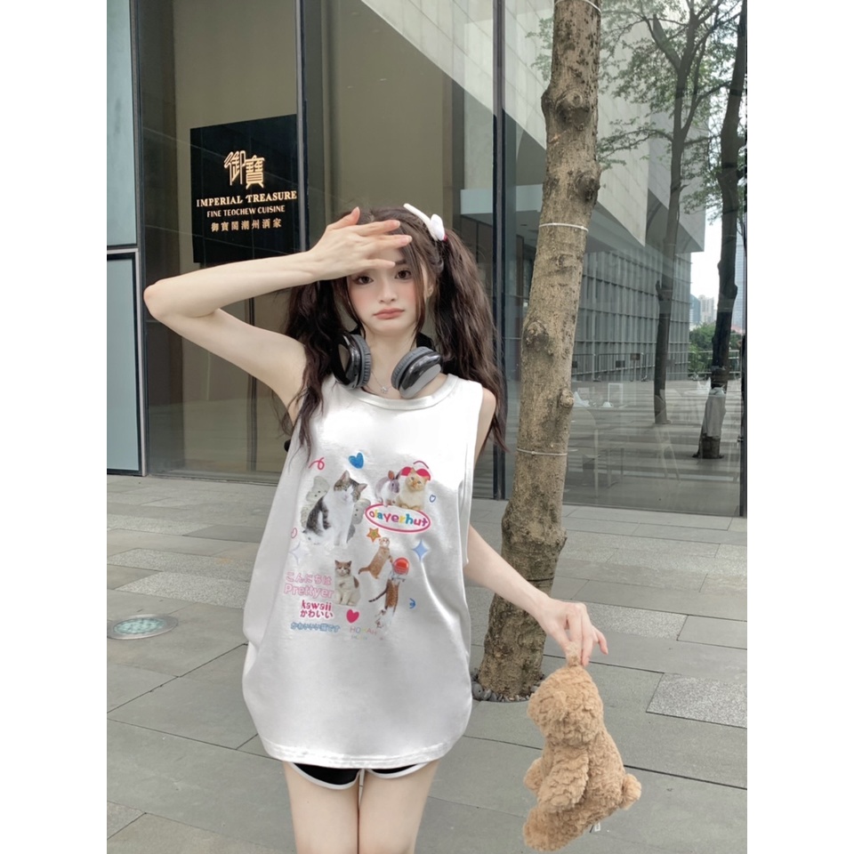 Áo Thun Không Tay In Hình Mèo Dễ Thương Thời Trang Mùa Hè Dành Cho Nữ