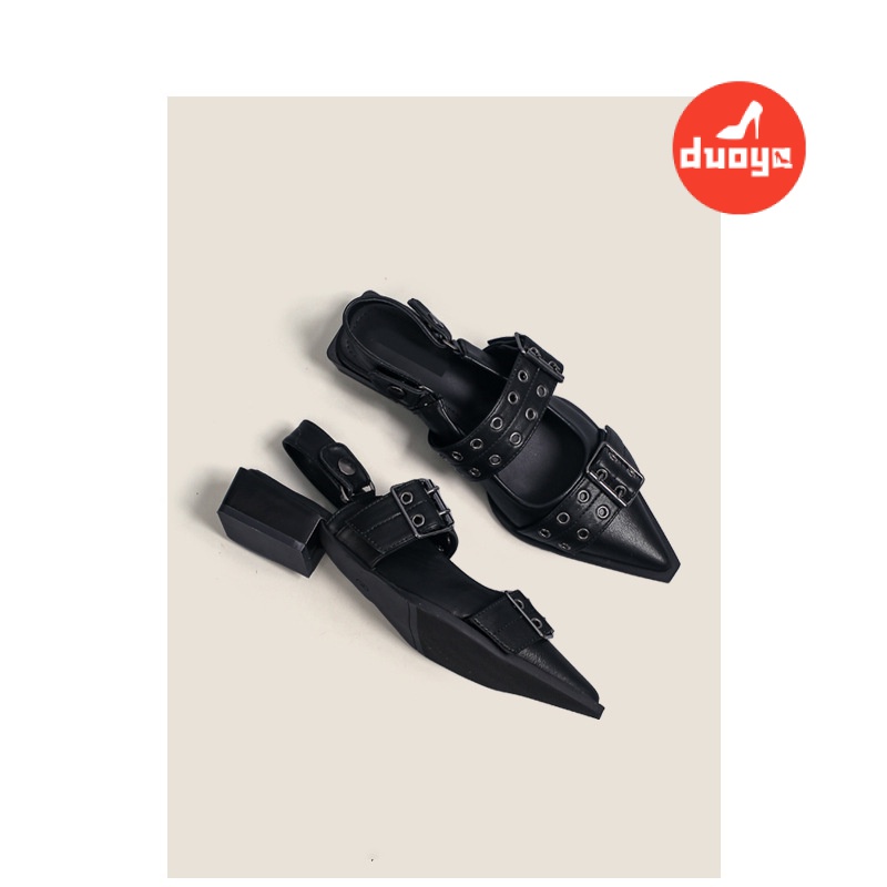Duoya Tóc Thẳng ~ [Hàng Có Sẵn] Giày Búp Bê Mũi Nhọn Gót Thấp Miệng Nông Cảm Giác Ánh Kim Phong Cách Punk Đường Phố Cho Nữ