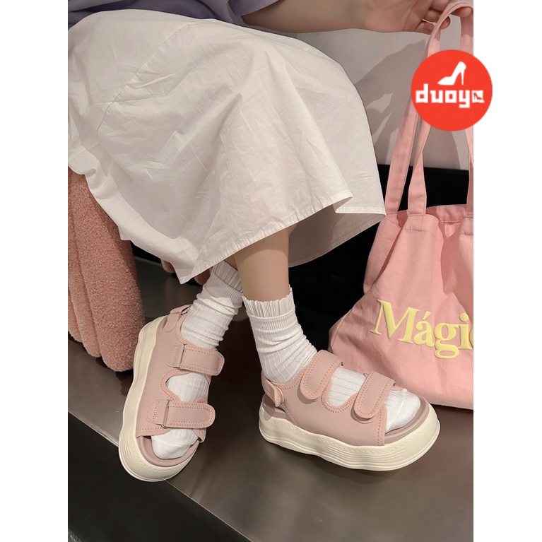 Duoya Tóc Thẳng ~ [Hàng Có Sẵn] Giày Sandal Bánh Mì Đế Dày Quai Dán Gợn Sóng Đơn Giản Tăng Chiều Cao Miễn Phí Vận Chuyển