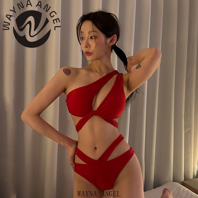 Áo tắm nữ đi nghỉ bikini một vai màu đỏ