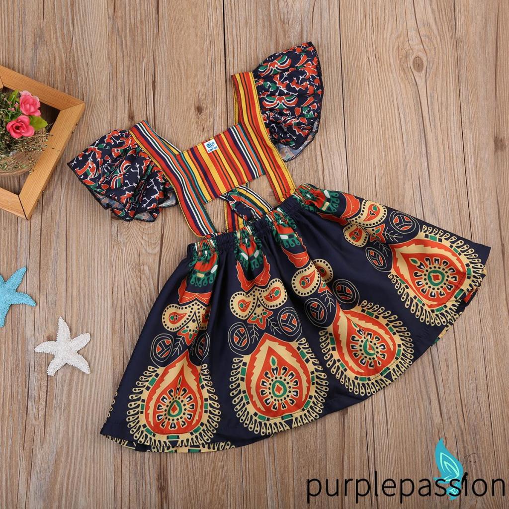Đầm Công Chúa Dáng Chữ A Tay Bèo Họa Tiết Hoa Phong Cách Bohemian Thời Trang Mùa Hè Cho Bé Gái