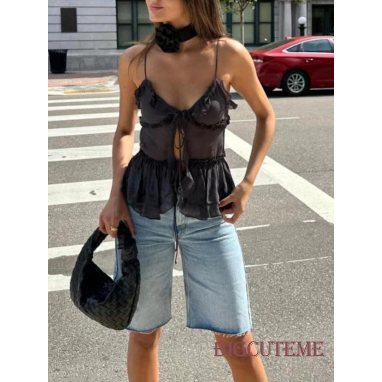 [] Áo Tank Top Hai Dây Phối Lưới Xuyên Thấu Màu Trơn Cổ Chữ V Gợi Cảm Cho Nữ Đen