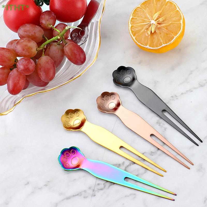 Bộ Muỗng Nĩa Ăn Tráng Miệng Bằng Thép Không Gỉ Hình Chân Mèo Dễ Thương Mới