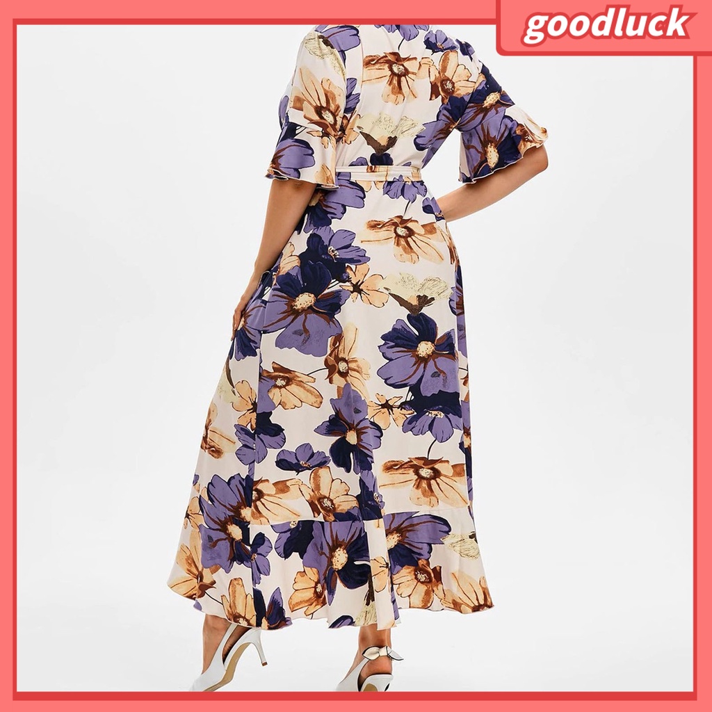 Đầm Tay Ngắn Cổ Chữ V Lưng Cao Cột Dây In Họa Tiết Hoa Phong Cách Bohemia Thời Trang Mùa Hè Cho Nữ