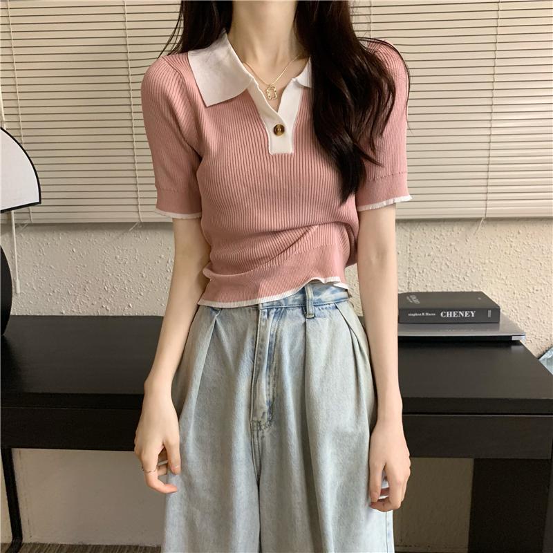 Áo Thun POLO Dệt Kim Tay Ngắn Màu Trơn Dáng Ôm Thời Trang Mùa Hè 2023