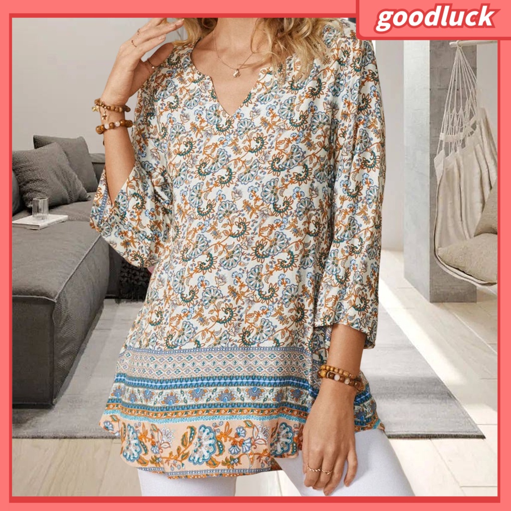 Áo Sơ Mi Tay Lỡ 3 / 4 Cổ Chữ V Họa Tiết Hoa Phong Cách Bohemian Dành Cho Nữ