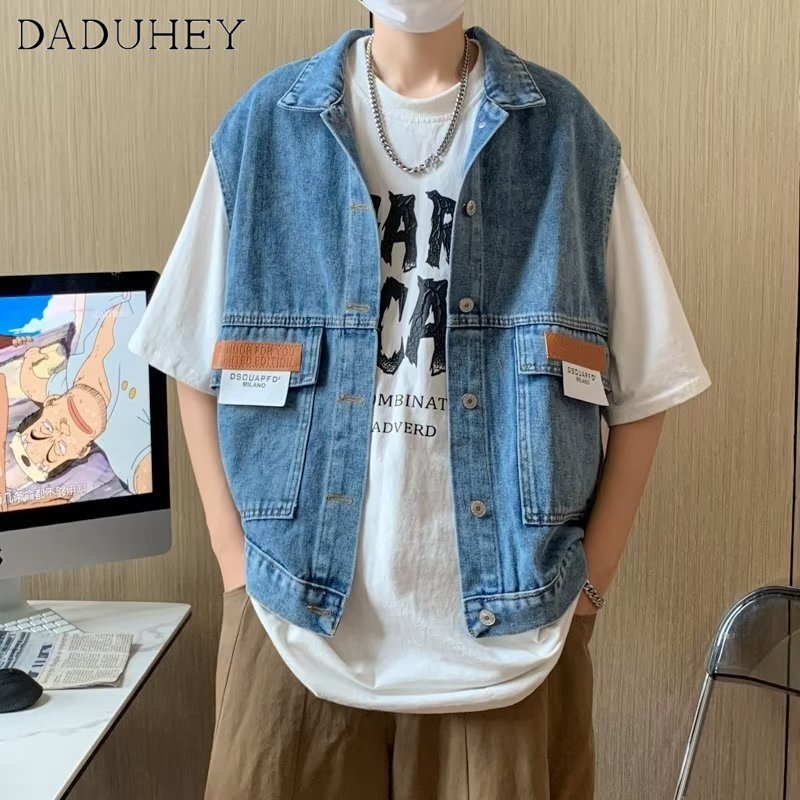 DaDuHey Men's and Women's Hong Kong Style Retro Casual Denim Jacket Vest 2023 All-Match Stitching Sleeveless Jacket