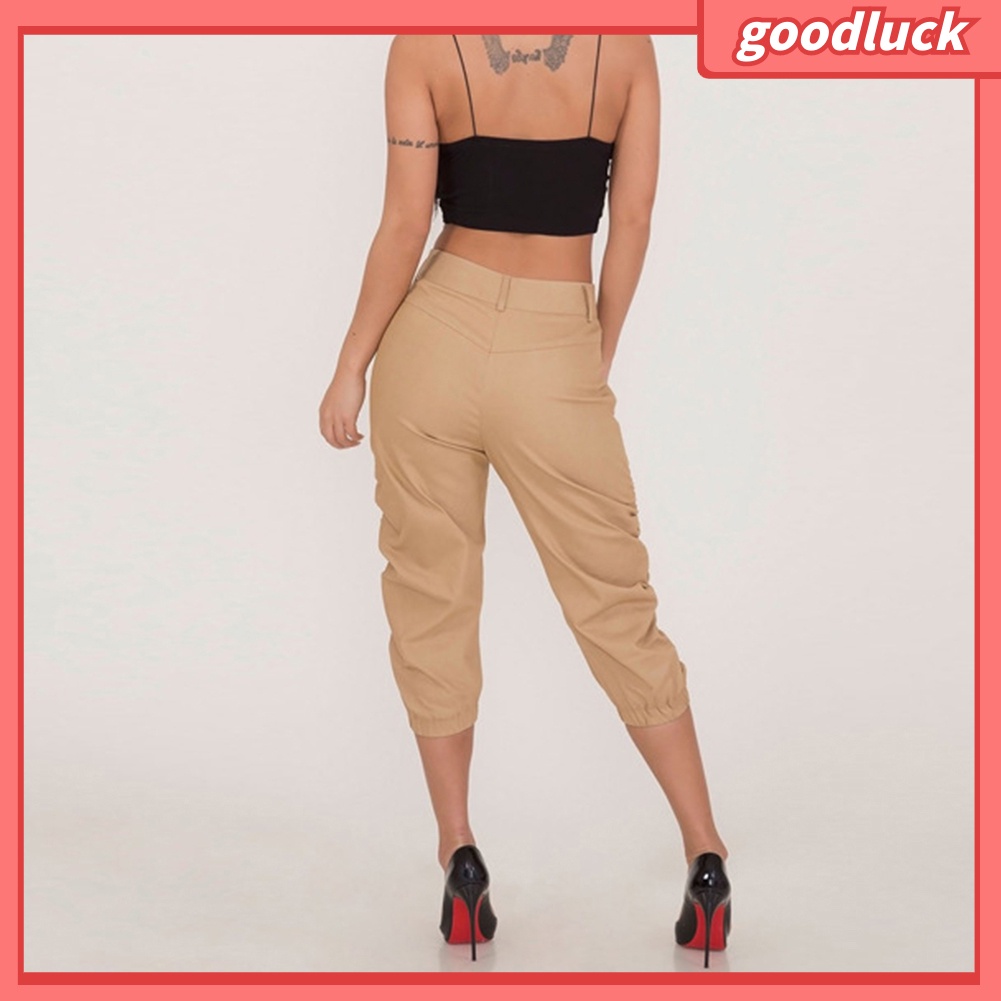 Quần Harem 3 / 4 Lưng Cao Màu Trơn Có Túi Thời Trang Mùa Hè Cho Nữ