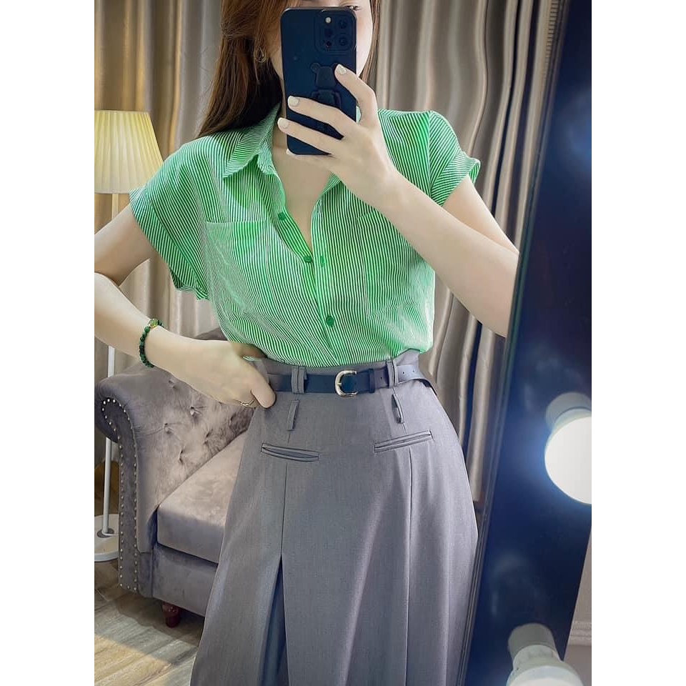 Áo sơ mi kẻ sọc tay liền cánh dơi túi ngực vải tơ đũi H202