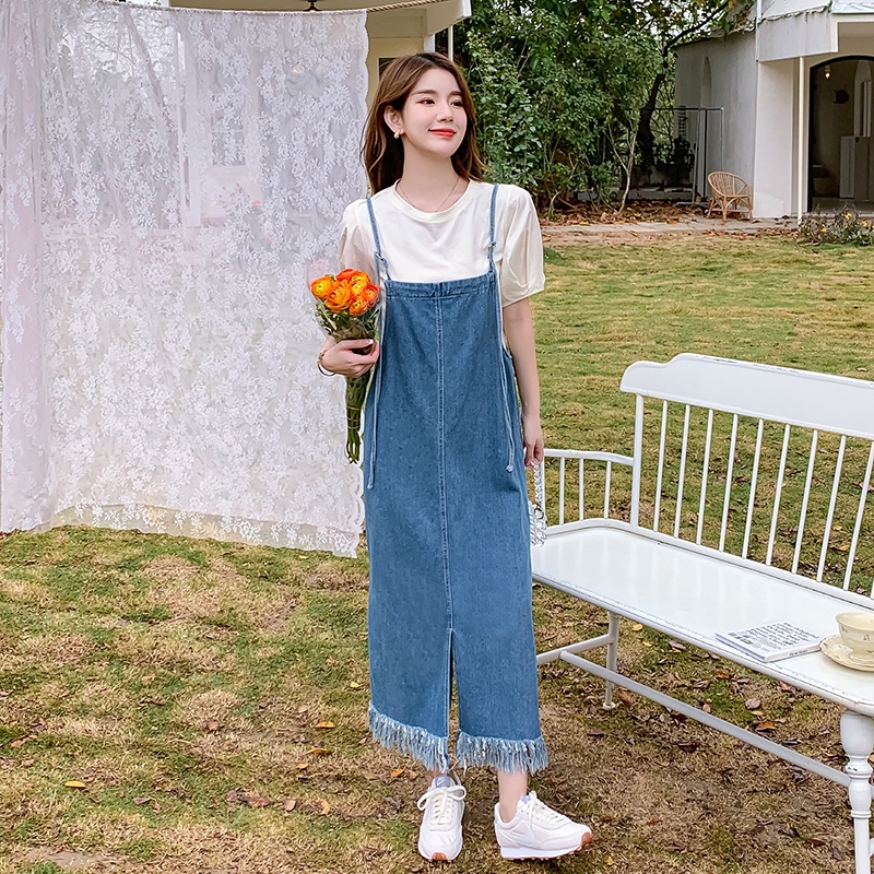 Váy Yếm Denim Dài Xẻ Tà Phong Cách Hàn Quốc Thời Trang Mùa Hè Hàng Mới