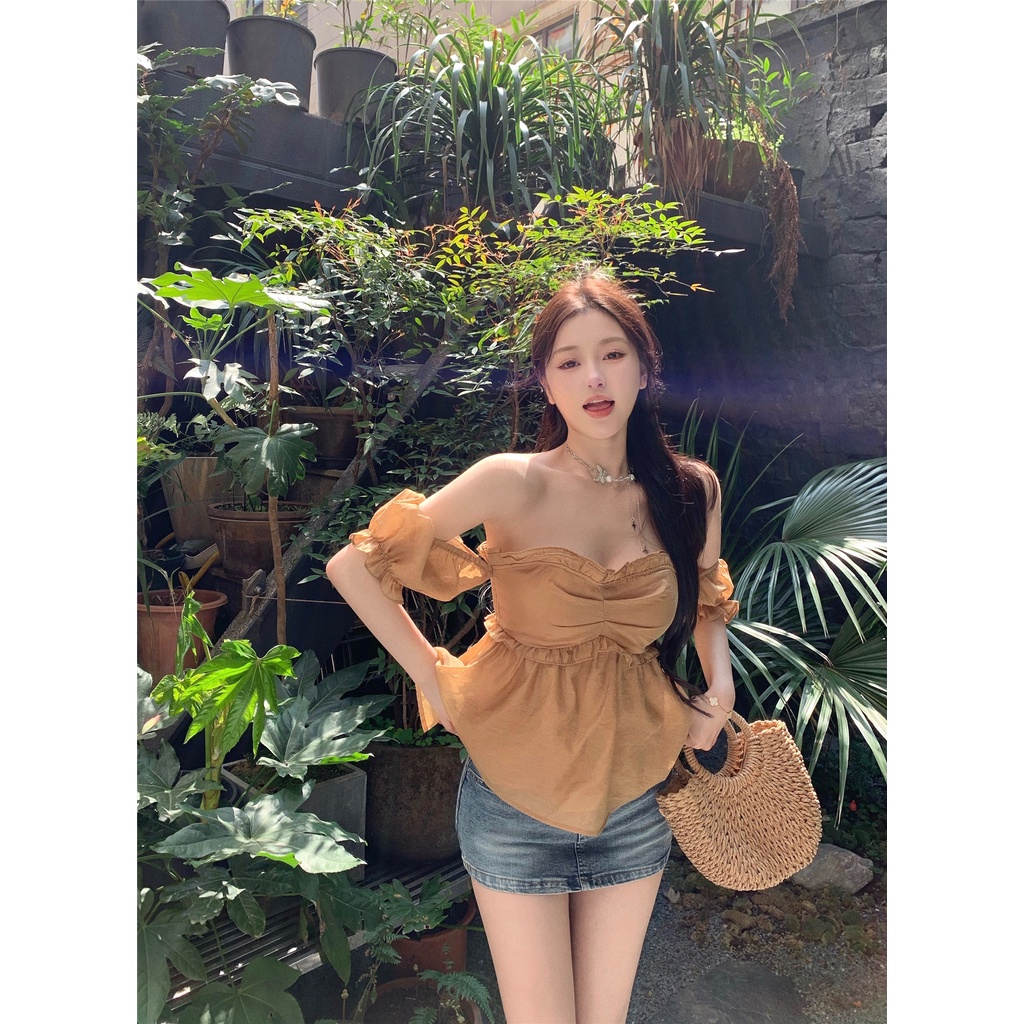 Áo Kiểu Tay Phồng Ngắn Hở Vai Thời Trang Mùa Hè Hàn Quốc Cho Nữ