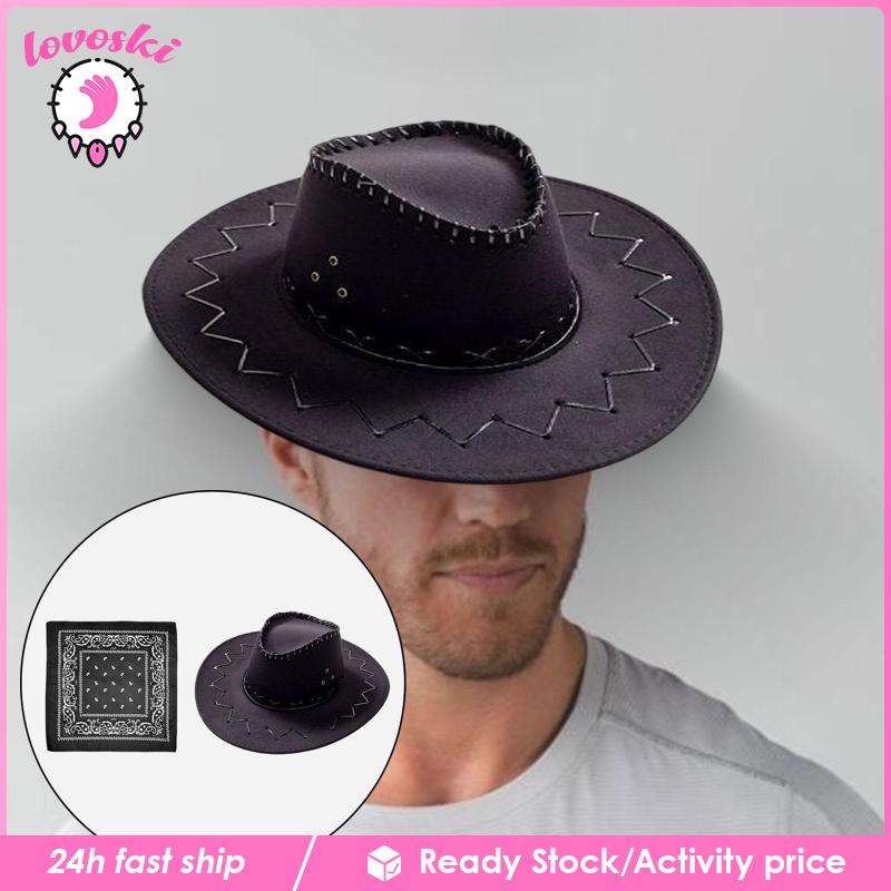 Mũ Cao Bồi Kèm Khăn Bandana Và Dây Buộc Màu Đen Cho Tiệc Tùng
