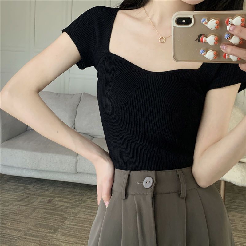 COZOK Áo Thun Dệt Kim Ngắn Tay Cổ Vuông Dáng Ôm Thời Trang Đơn Giản