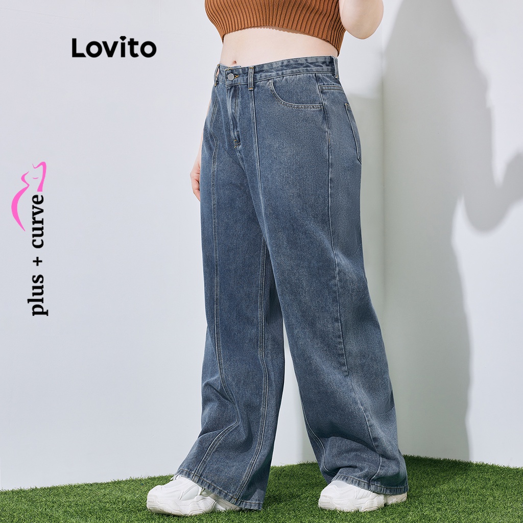 Quần jean LOVITO có túi nút cài khóa kéo màu trơn viền cong size lớn thường ngày cho nữ LPS08106 (màu xanh dương)