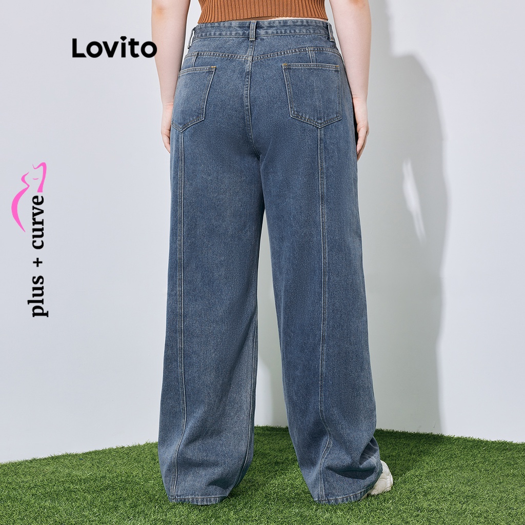 Quần jean LOVITO có túi nút cài khóa kéo màu trơn viền cong size lớn thường ngày cho nữ LPS08106 (màu xanh dương)