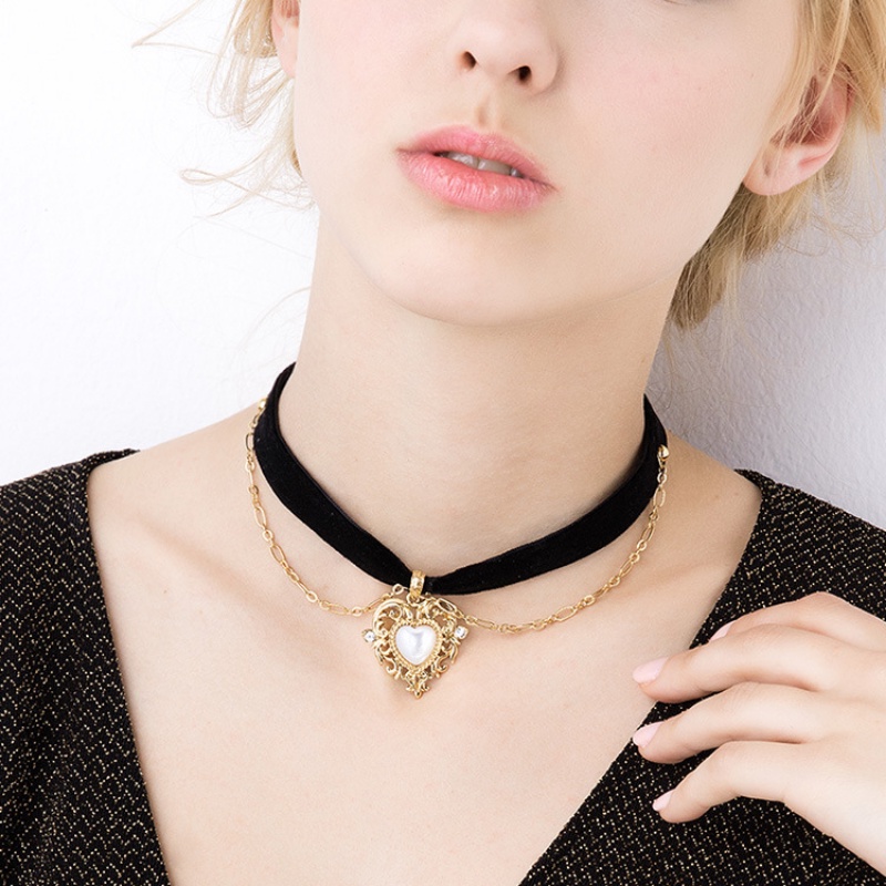 Vòng Cổ Choker Hai Lớp Bằng Nhung Đen Đính Ngọc Trai Nhân Tạo Phong Cách Gothic Thời Trang Dành Cho Nữ