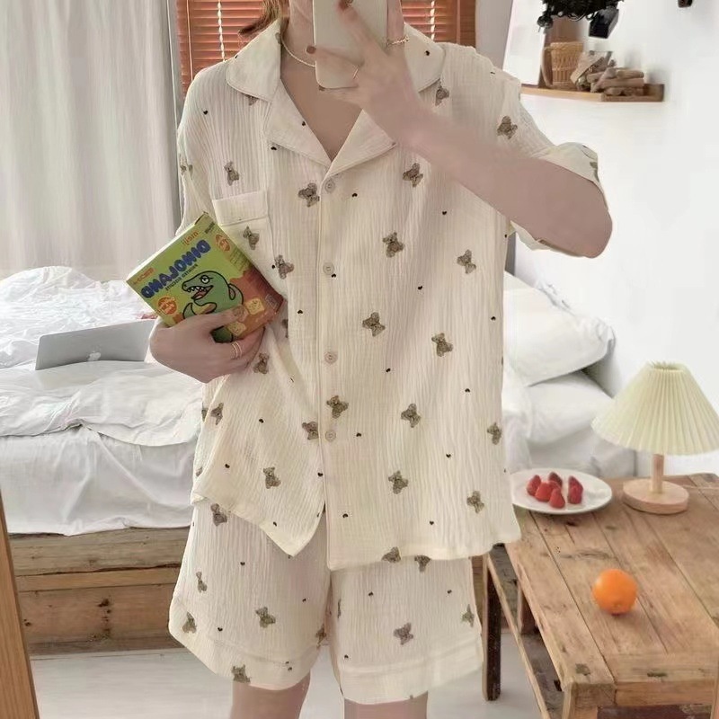 Bộ Đồ Ngủ Tay Ngắn Dáng Rộng Cổ Búp Bê In Hoa Nhỏ Dễ Thương Thời Trang Mùa Hè Cho Nữ