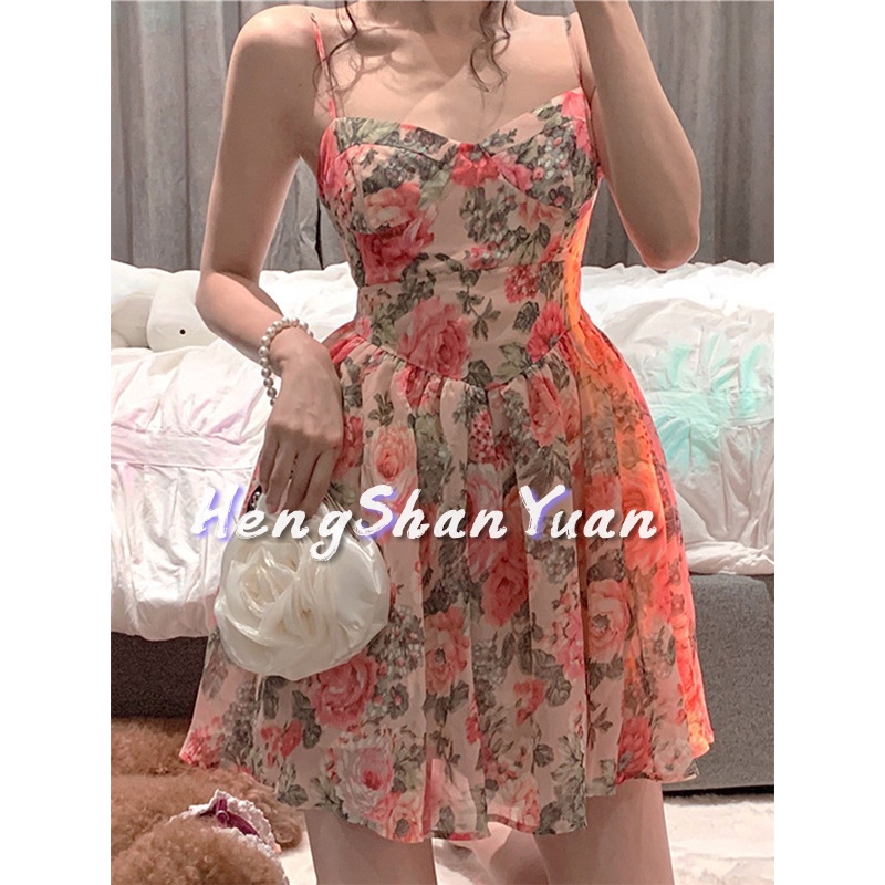 Đầm hai dây HENG SHAN YUAN họa tiết hoa nhỏ phong cách Pháp thời trang cho nữ