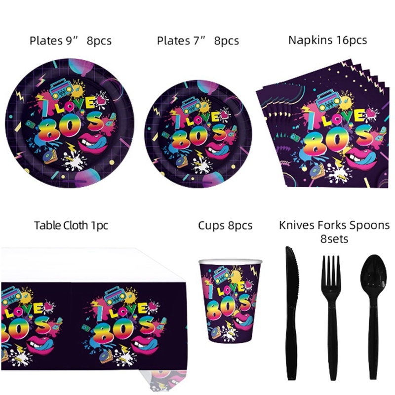 Bộ 65 Đĩa Khăn Ăn Và Khăn Ăn Bằng Nhựa + Giấy Cạc Tông 80S Tương Thích Với Năm 1980S Hip Hop Trang Trí Tiệc Tùng Serves 8